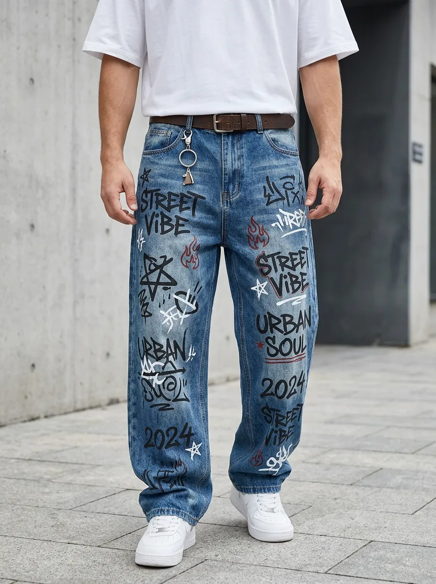 Men's Statement Streetwear Graffiti Jeans