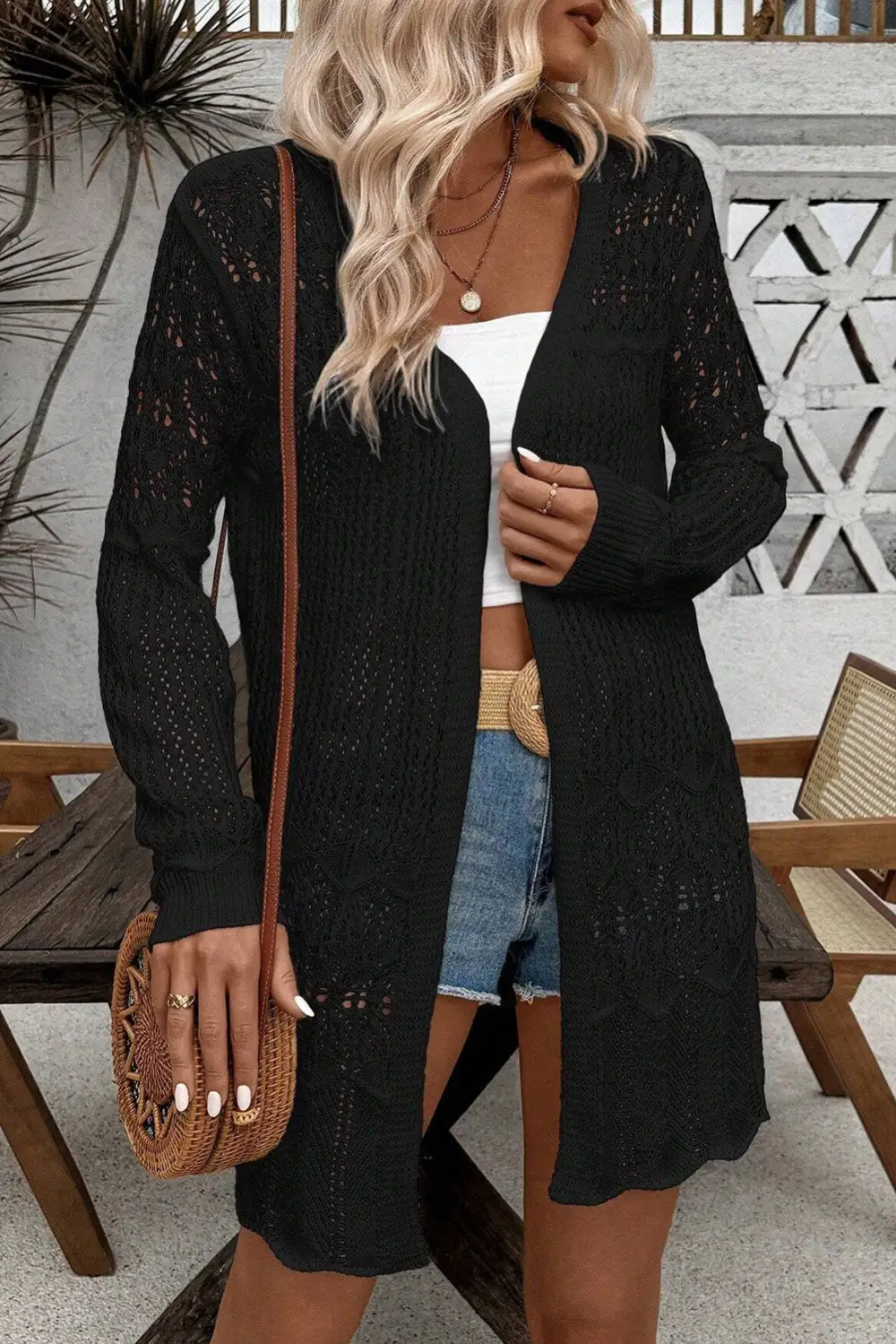 Crochet Openwork Open Front Cardigan