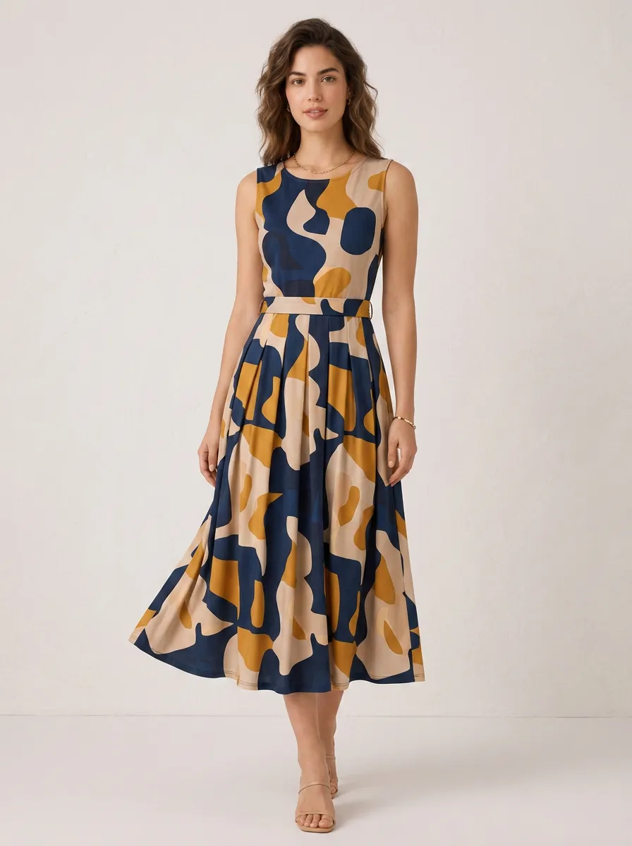 Women's Abstract Geometric Pattern Printed Sleeveless Midi Dress