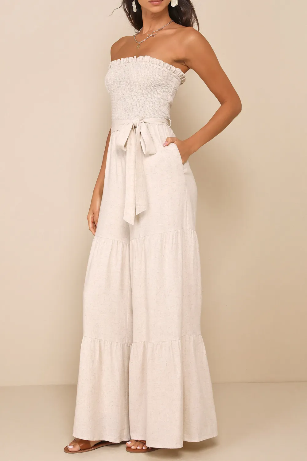 Casual Style Linen Strapless Jumpsuit