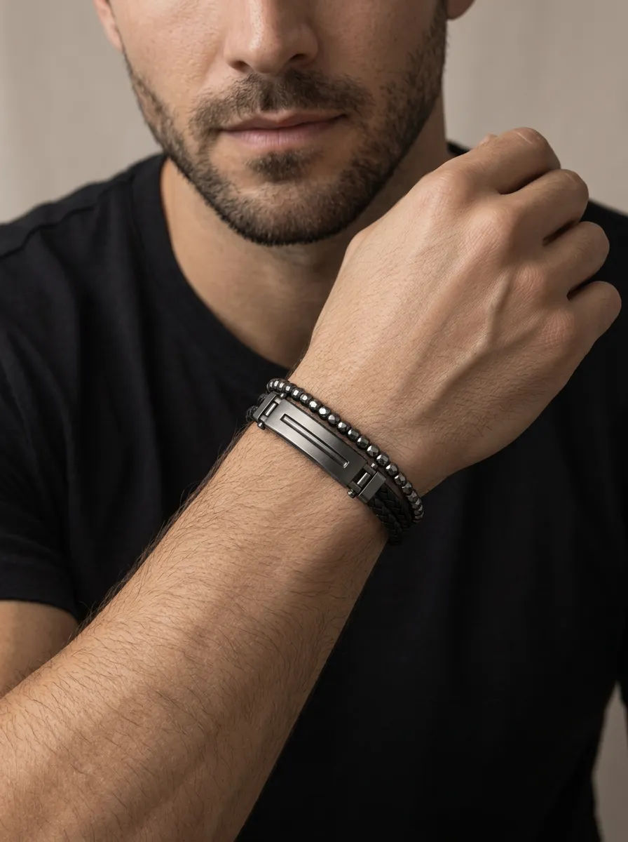 Men's Minimalist Metal Bead Braided Leather Layered Bracelet