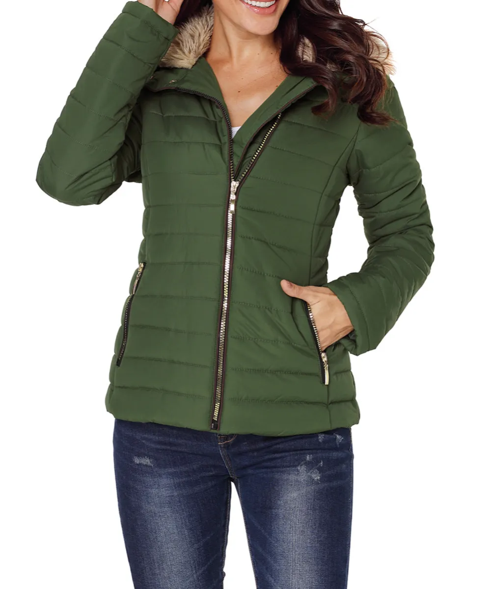 Faux Fur Collar Trim Quilted Jacket