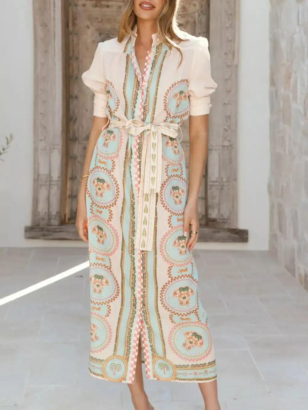 Printed Tie Waist Puff Sleeve Midi Dress