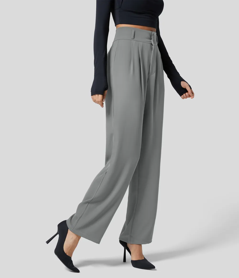High Waisted Button Zipper Plicated Side Pocket Shirred Straight Leg Work Pants