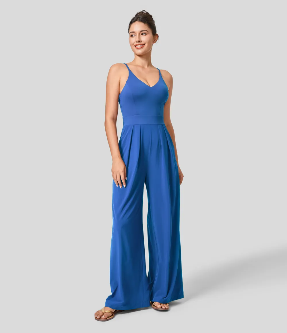 Breezeful Backless Side Invisible Zipper Pocket Wide Leg Quick Dry Resort Slip Jumpsuit