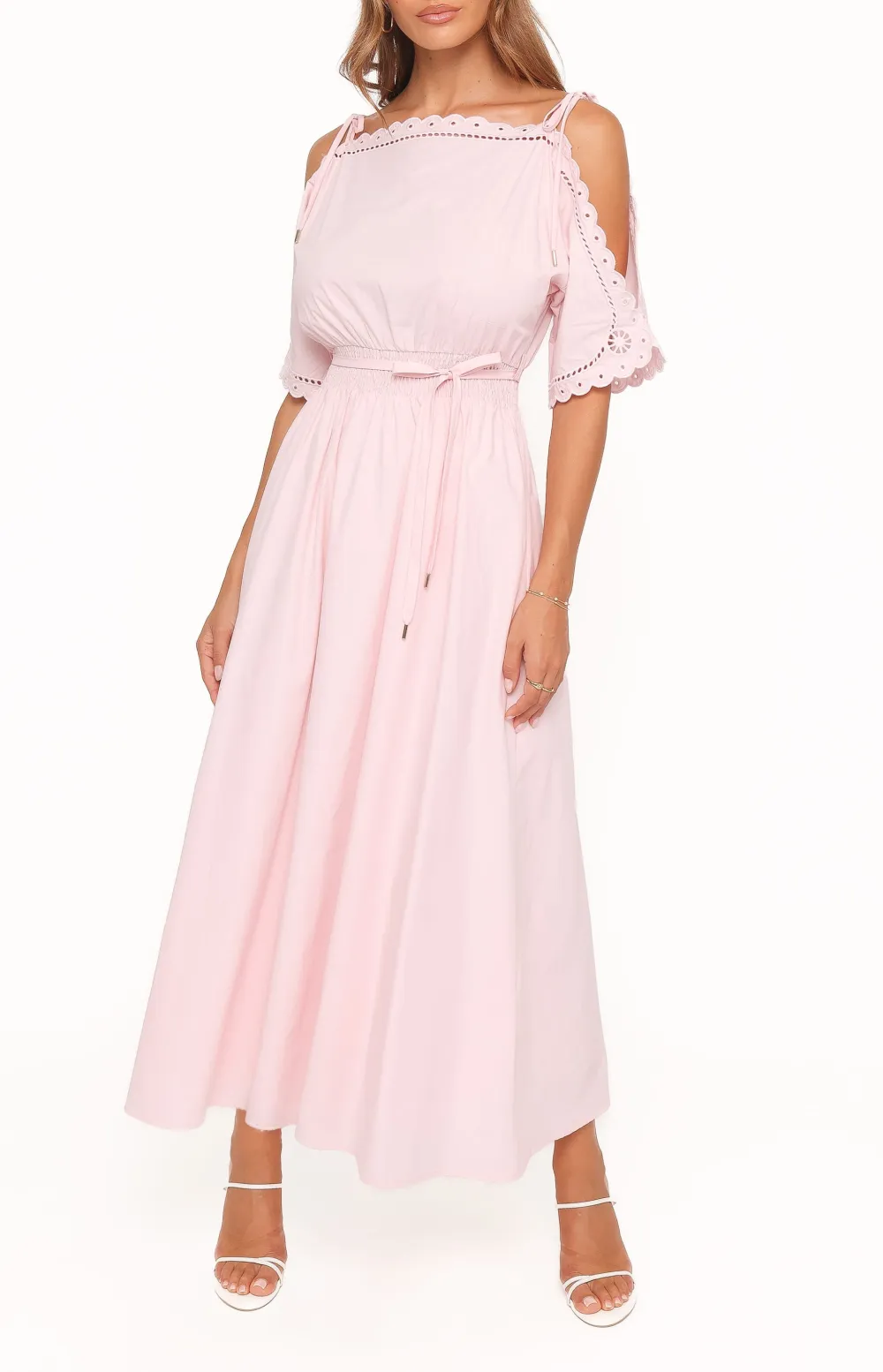 Shirred Boat Neck Midi Dress