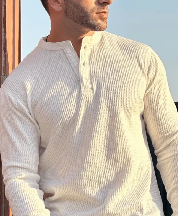 White Long Sleeve V-Neck Casual Henley Top