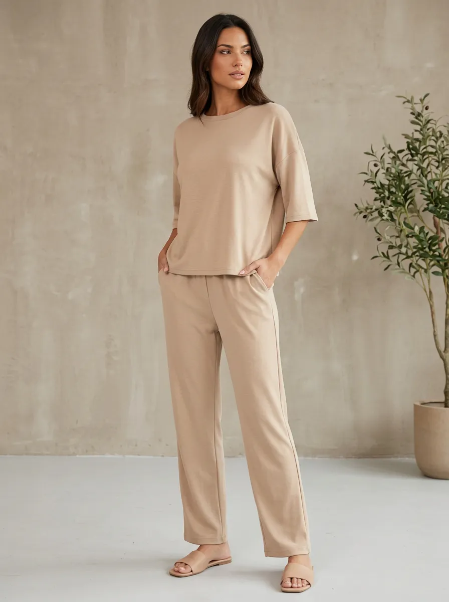 Women's Drop-Shoulder Crewneck Top And Straight-Leg Trouser Lounge Set