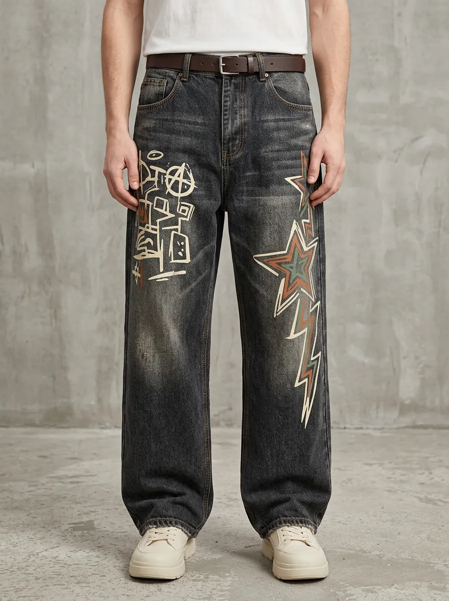 Unisex Contemporary Streetwear Graffiti Star Jeans