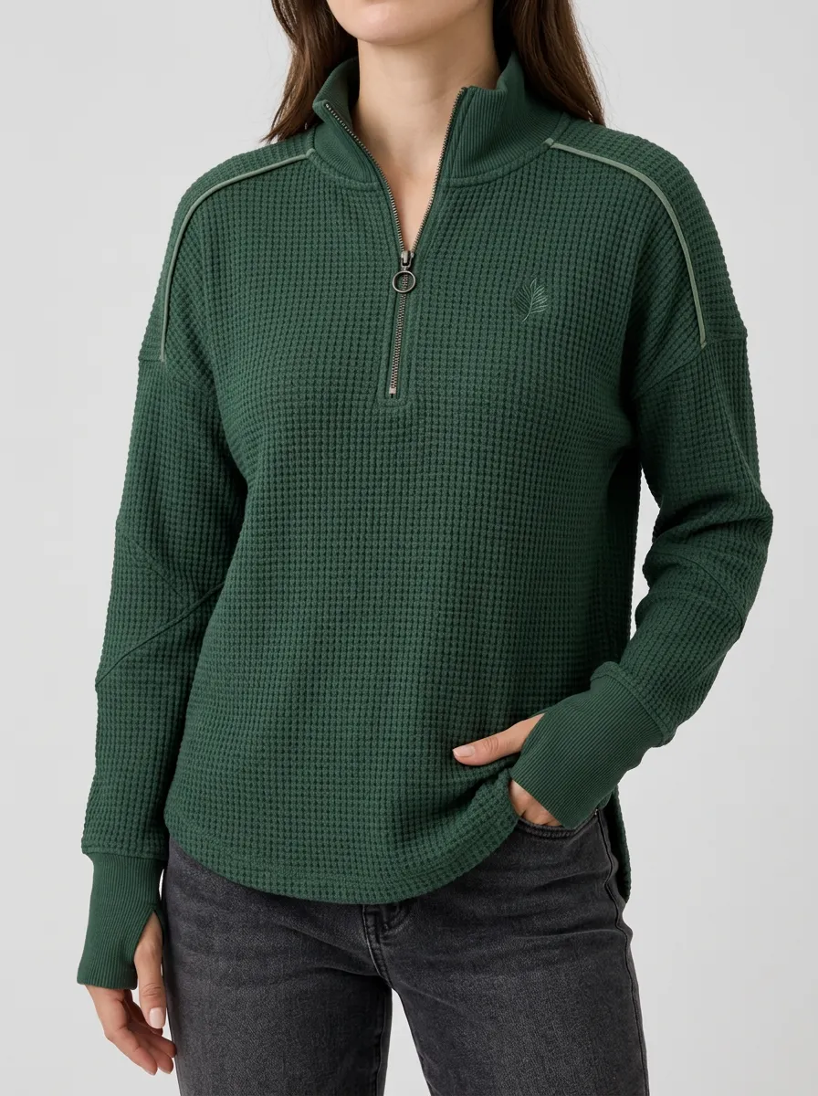 Relaxed Everyday Leaf Embroidered Waffle Knit Quarter Zip Top