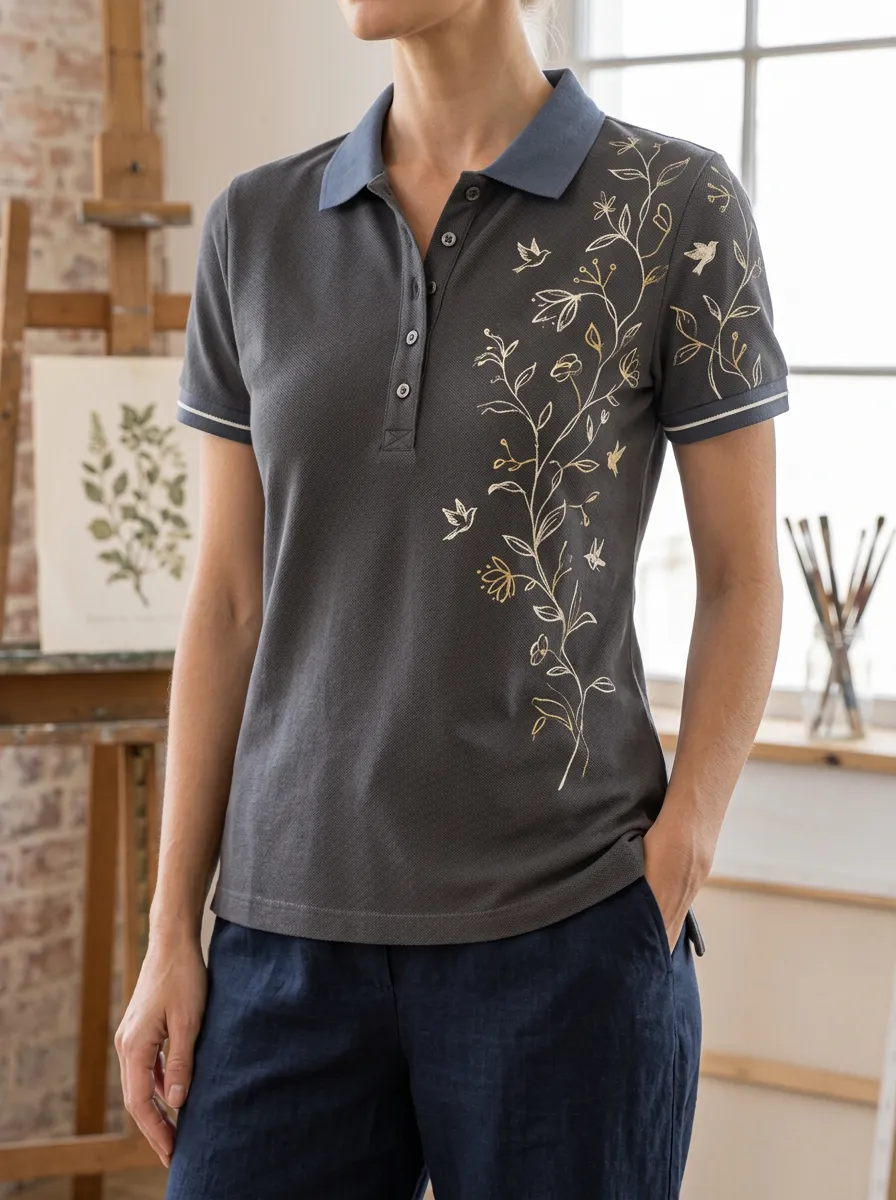 Women's Botanical Bird Art Printed Polo Shirt