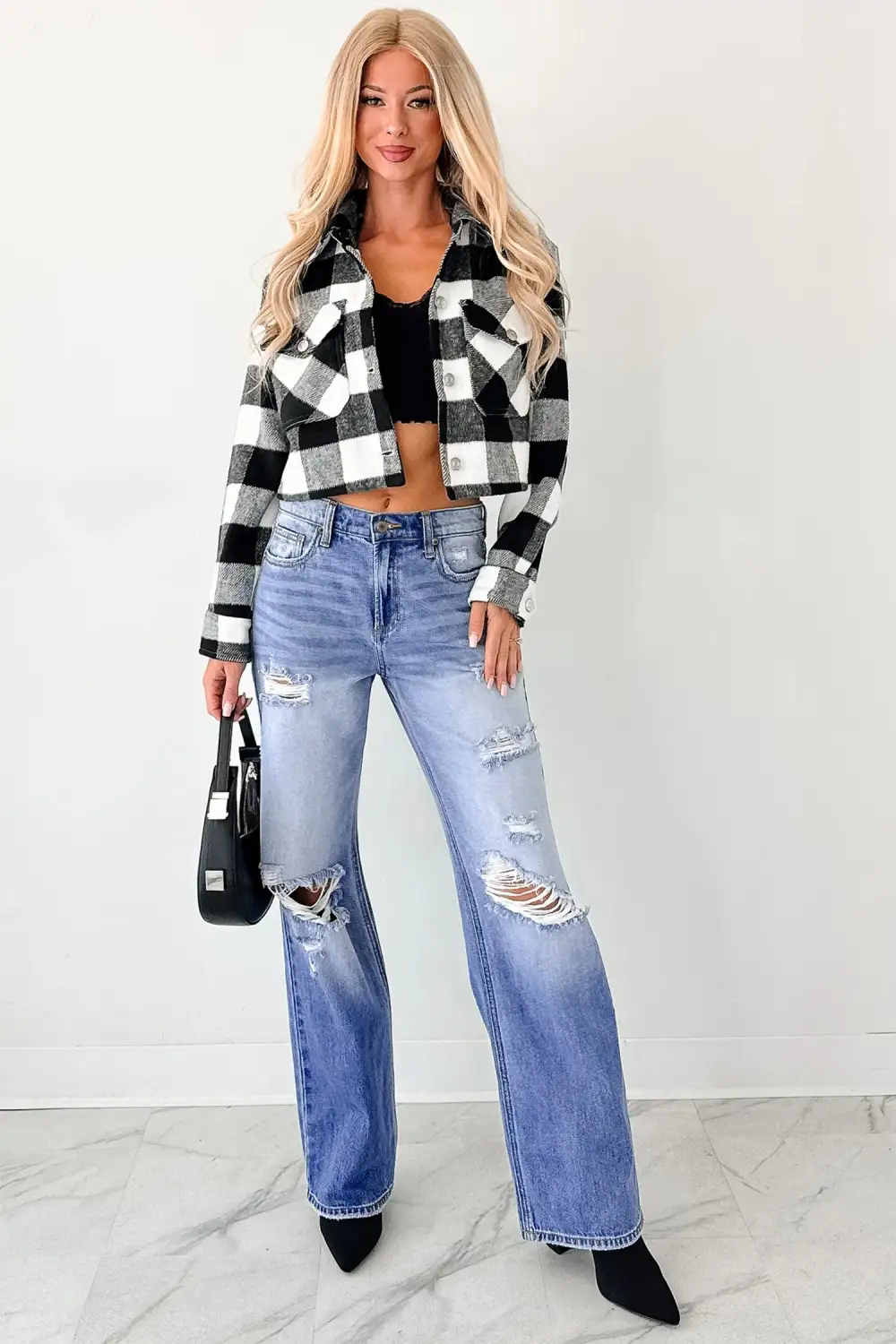 Mid Rise Straight Leg Distressed Denim Jeans