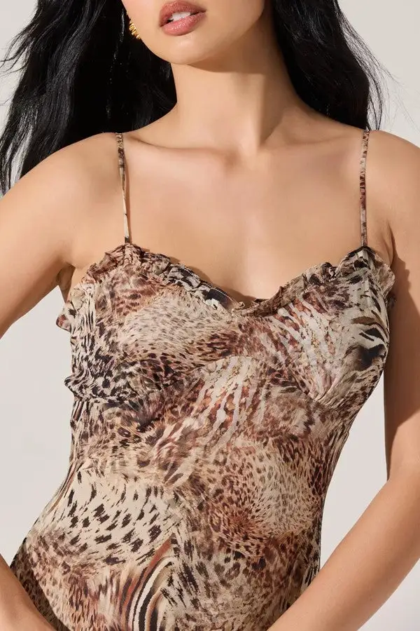 Brown Animal Print Ruffle Maxi Dress
