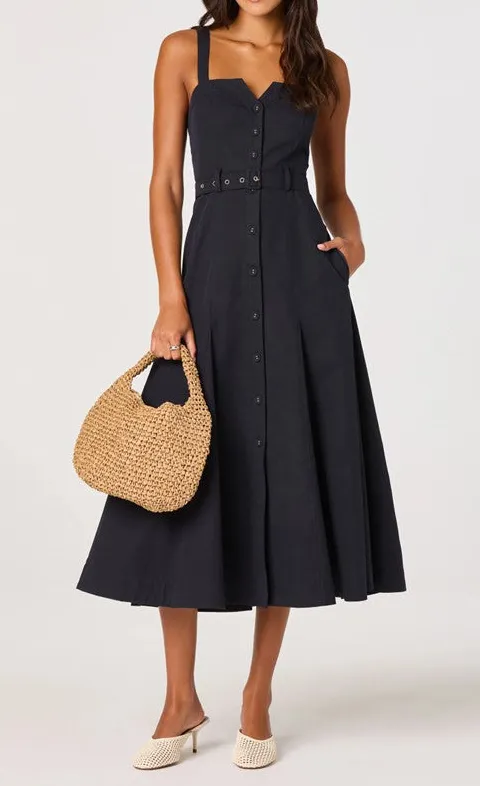 Black Button Front Flared Midi Dress