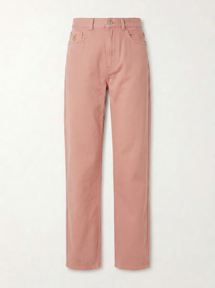 Women's Minimalist Olive Green Leaf Embroidered Mid-Rise Straight Leg Pants