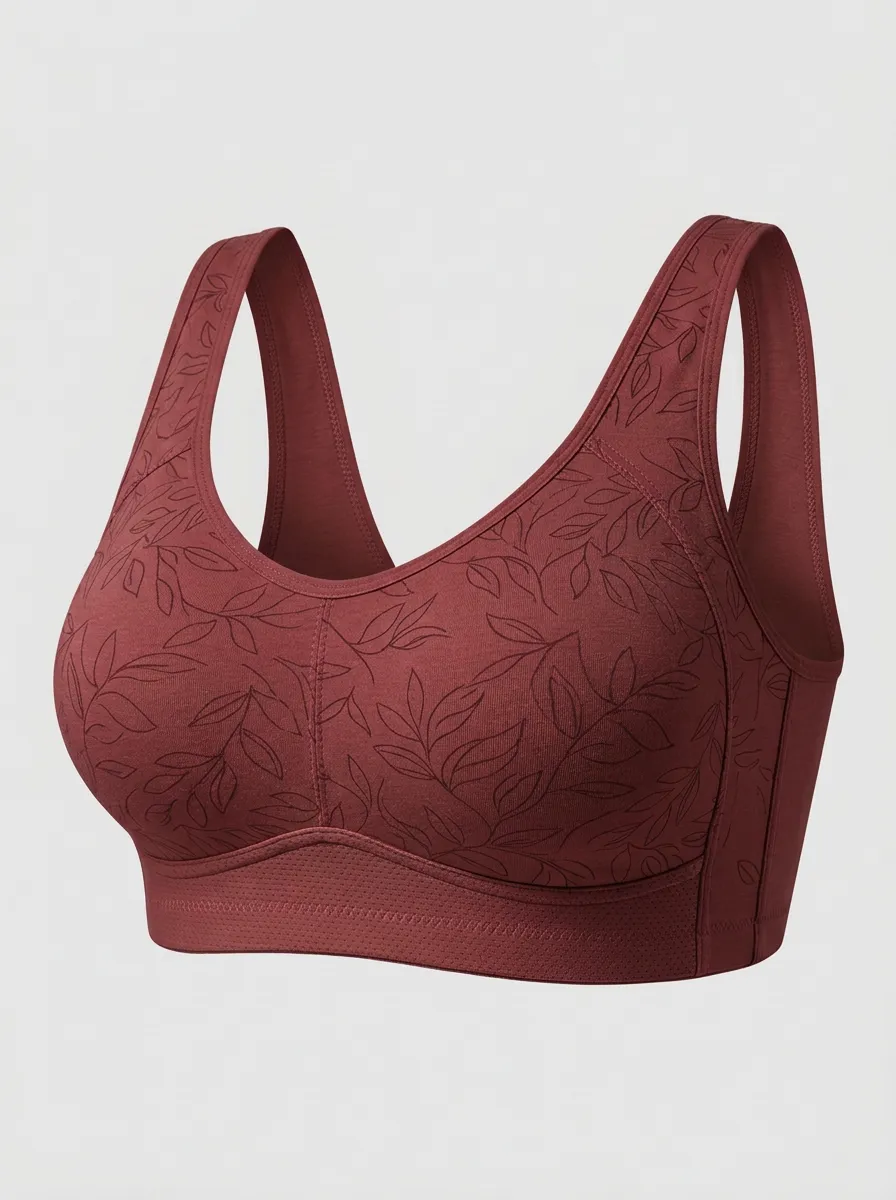 Women's Plus Size Beige Leaf Full-Coverage Scoop-Neck Wireless Bralette