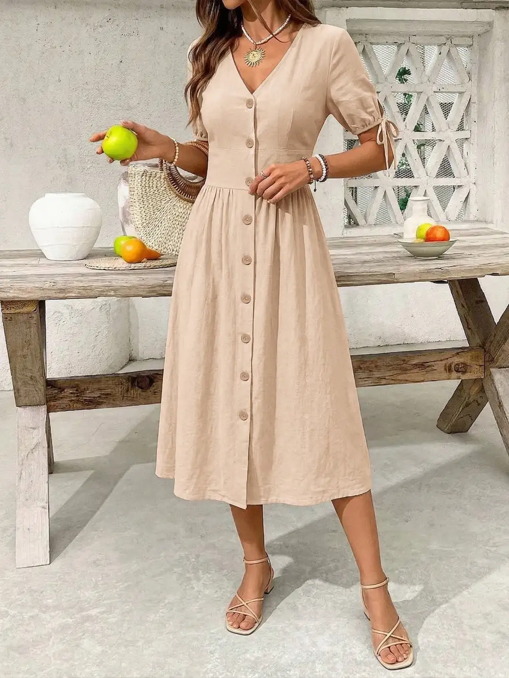 Button Front Short Sleeve Midi Dress
