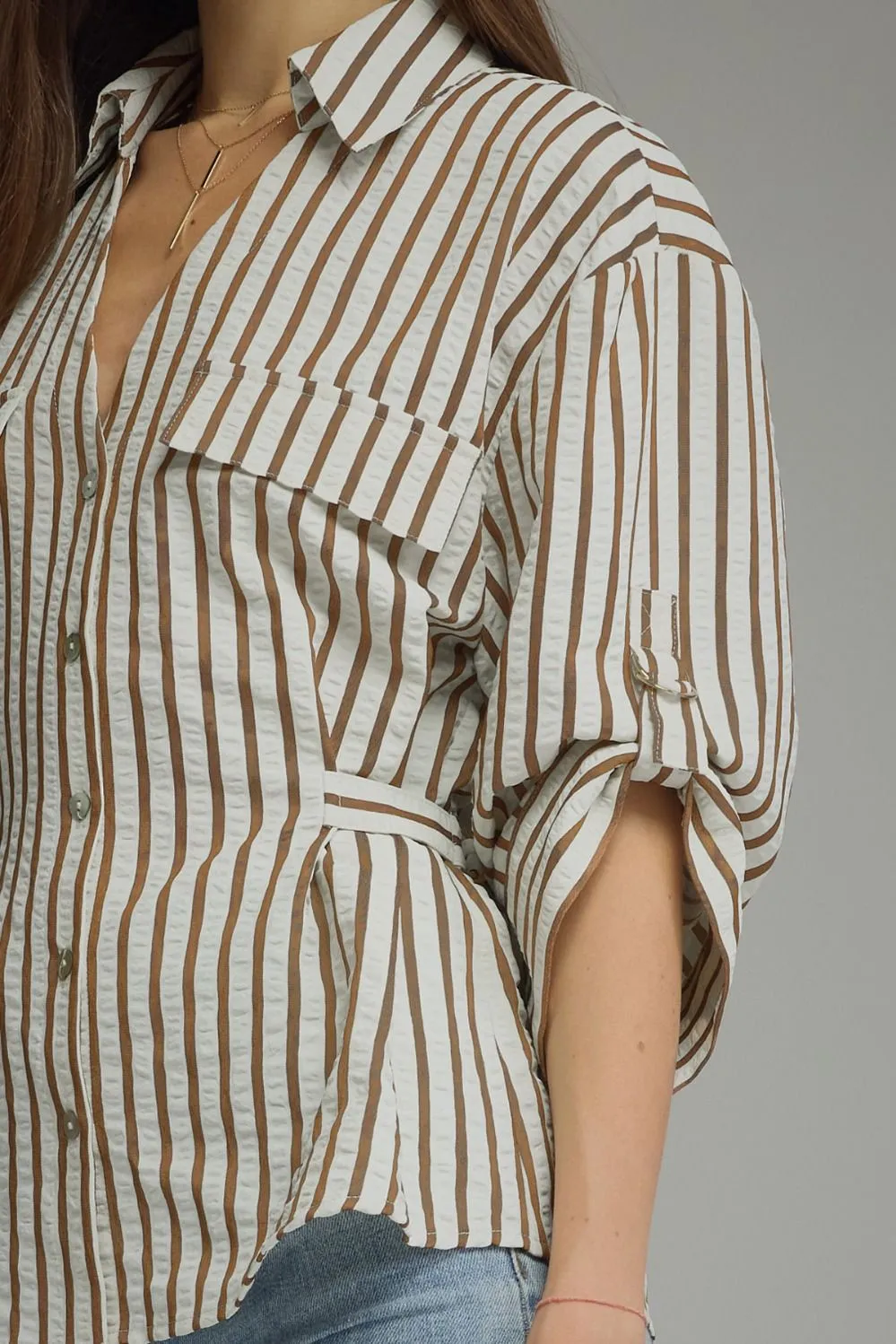 Foldover Stripe Button Front Top