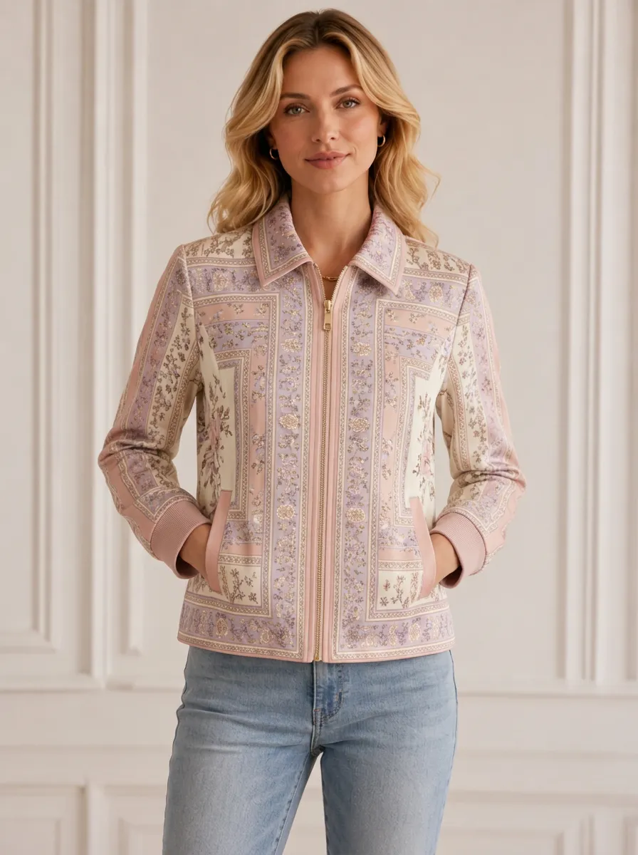 Women's Floral Scarf Print Zip-Up Printed Jacket