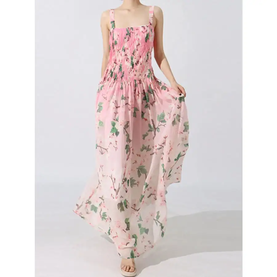Classic Floral Print Pleated Maxi Dress