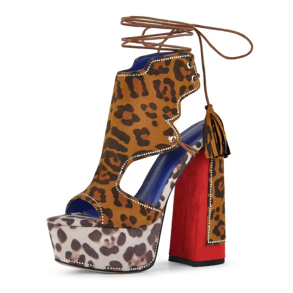 Leopard Rhinestone Tassel Lace Up Platform Sandals