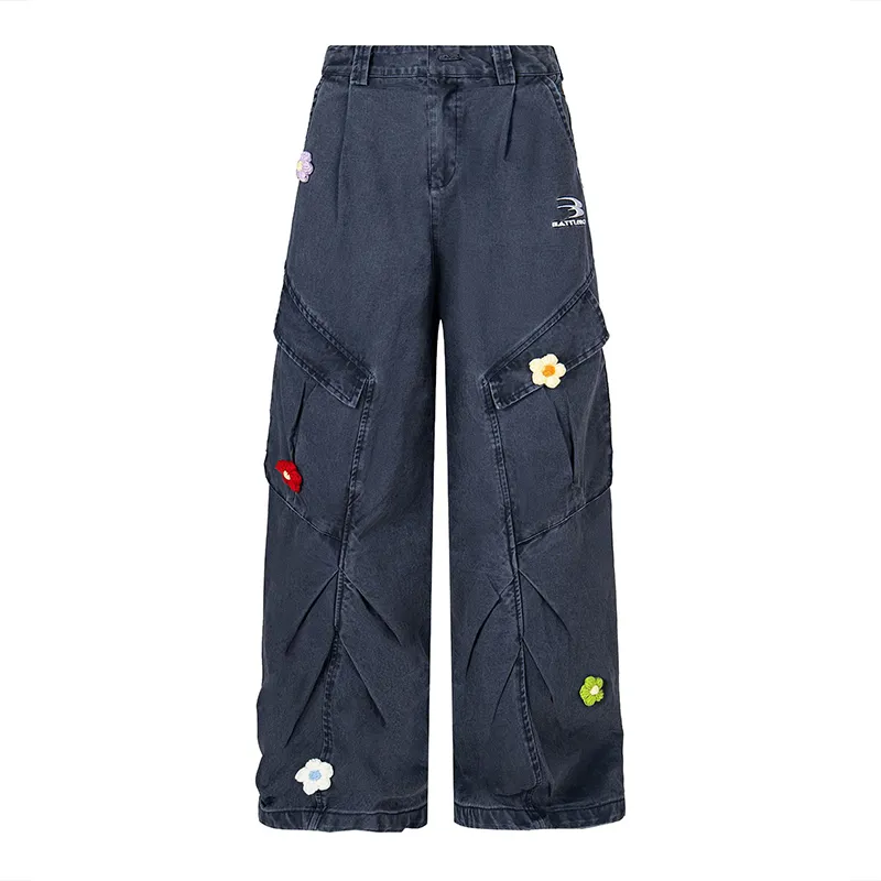 Multi Pocket Embroidered Floral Cargo Pants