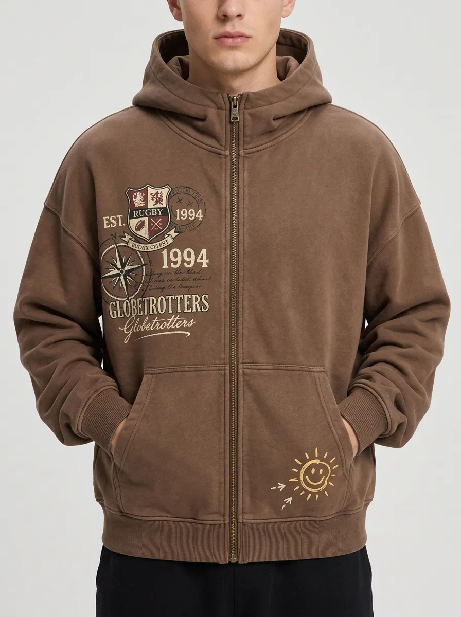 Men's Globetrotter Rugby Compass Printed Zip-up Hoodie