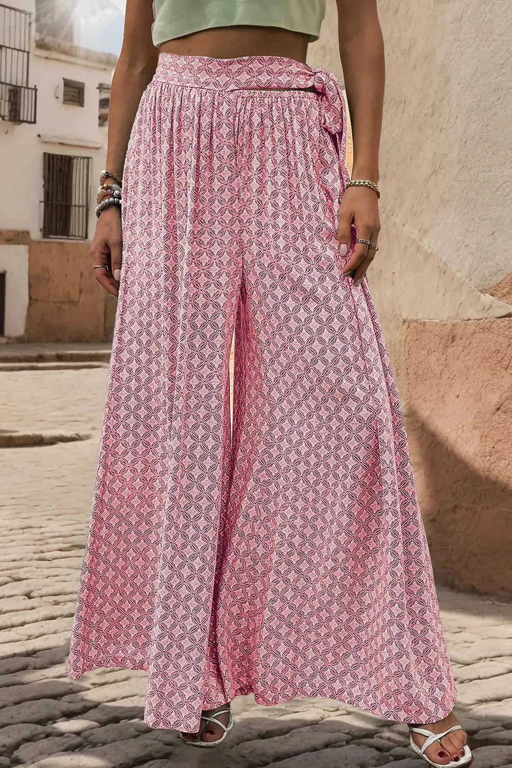 Wide Leg Tie Waist Printed Versatile Pants