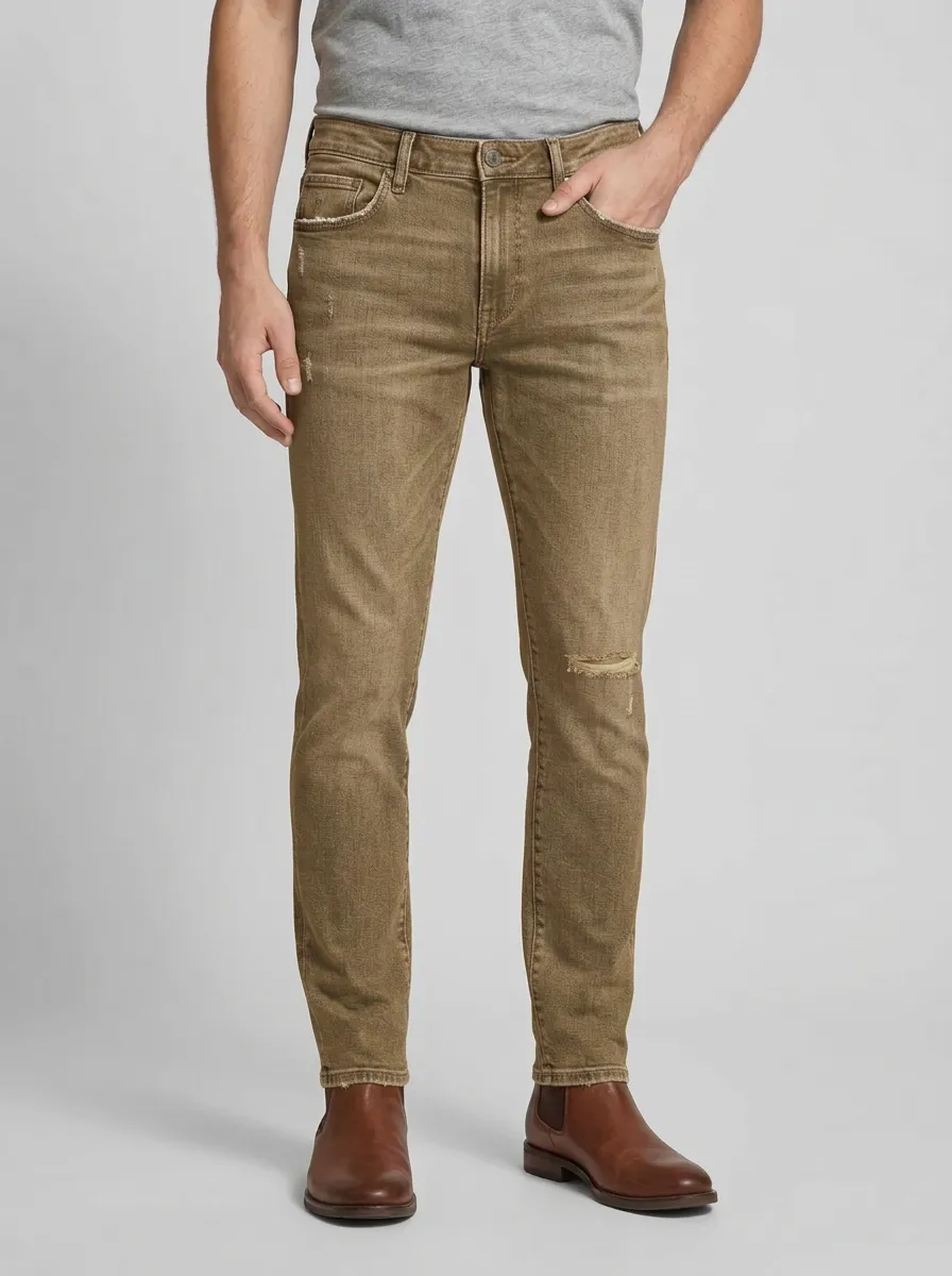 Men's Distressed Blue Denim Ripped Knee Slim-Fit Jeans