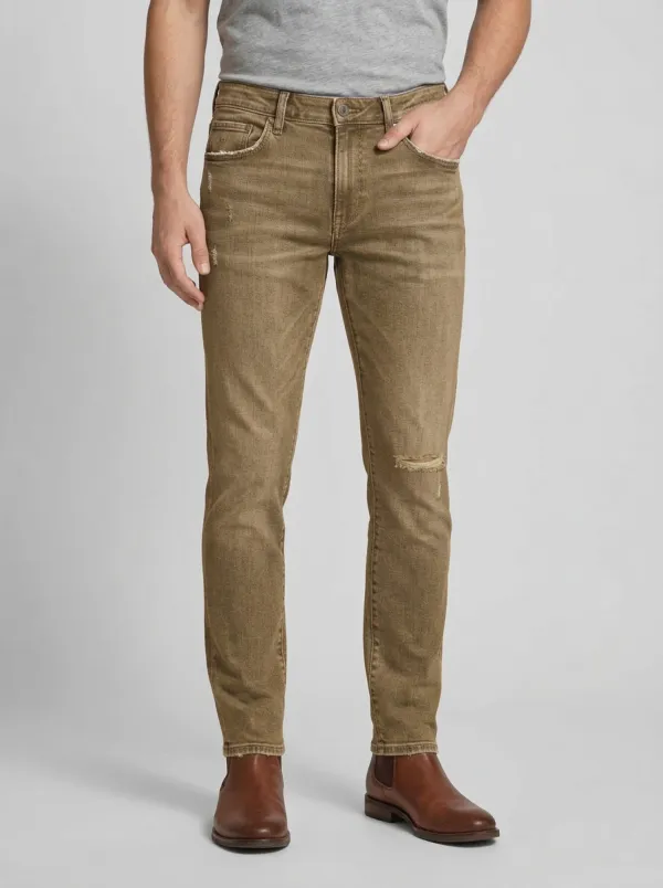Men's Distressed Blue Denim Ripped Knee Slim-Fit Jeans