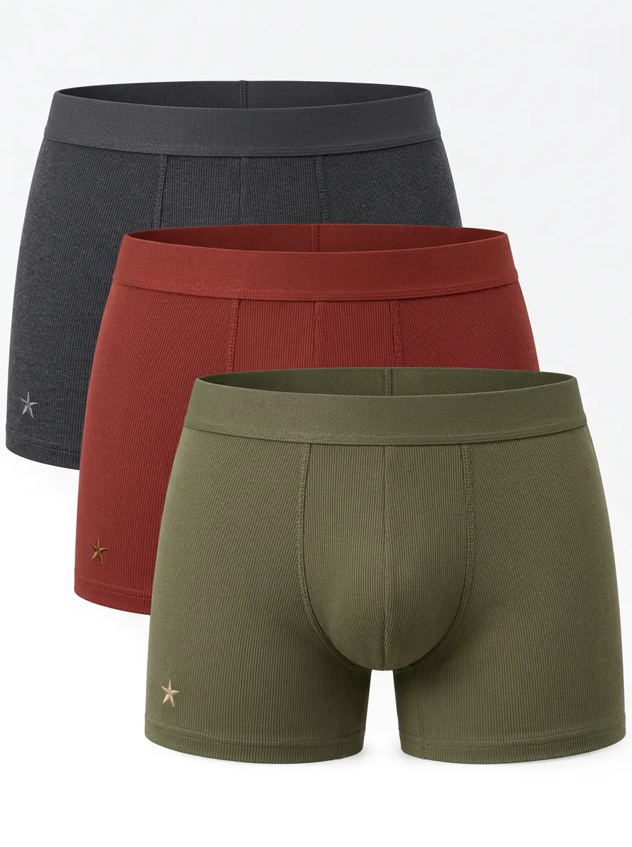 Star Embroidery Men's Cotton Boxer Briefs — Three Pack