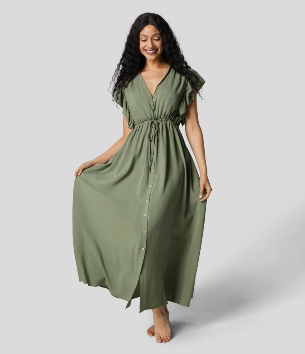 Deep V Neck Butterfly Sleeve Backless Drawstring Button Side Pocket Flowy Maxi Casual Dress