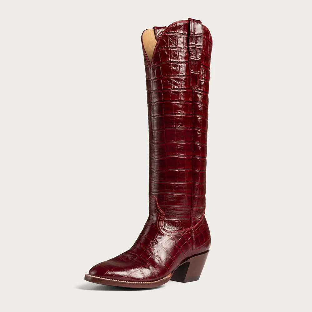 Faux-Leather Crocodile-Embossed Round-Toe Chunky-Heel Knee-High Boots