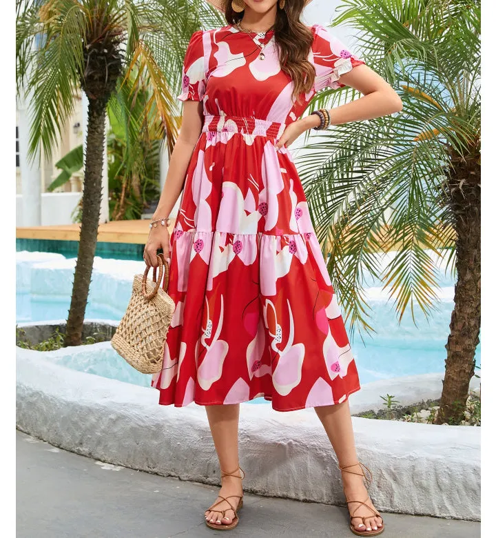 Round Neck Flounce Sleeve Midi Dress