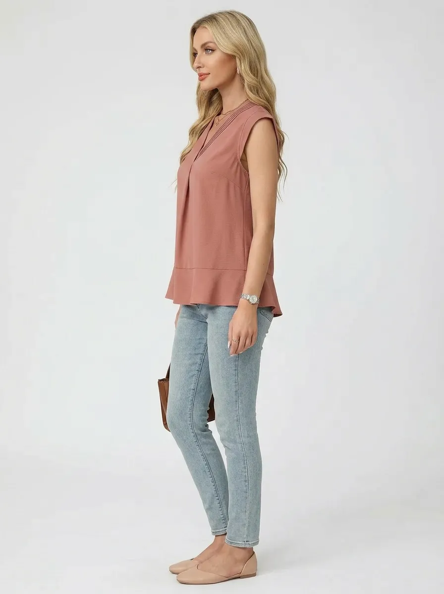 V-Neck Pleated Sleeveless Blouse