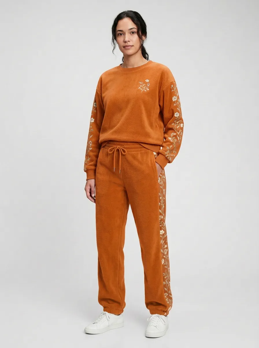 Women's Sleeve-Embroidered Crewneck Sweatshirt And Side-Detail Jogger Fleece Lounge Set