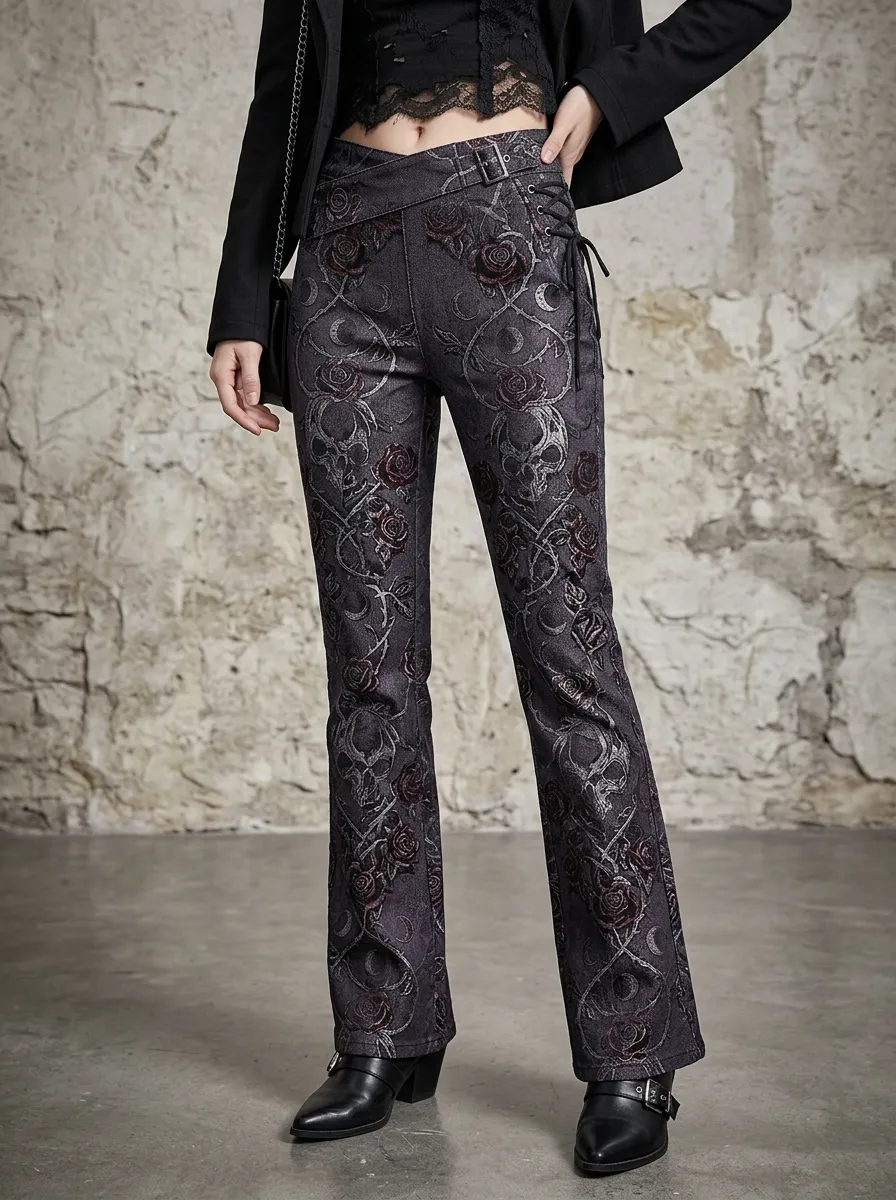 Alternative Skull Rose Moon Detail Women's Gothic Flare Pants