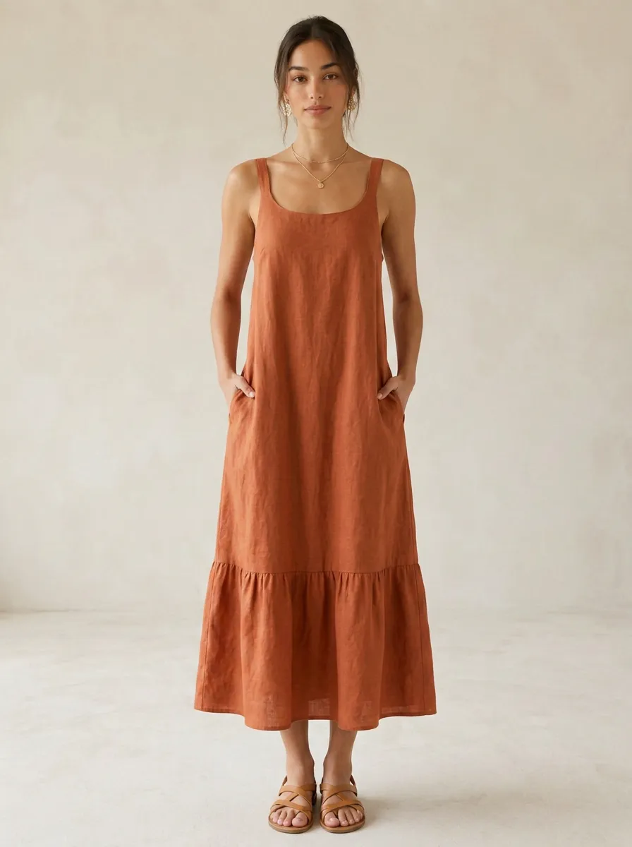 Women's Unstructured Casual Cross-Back Linen Backless Dress