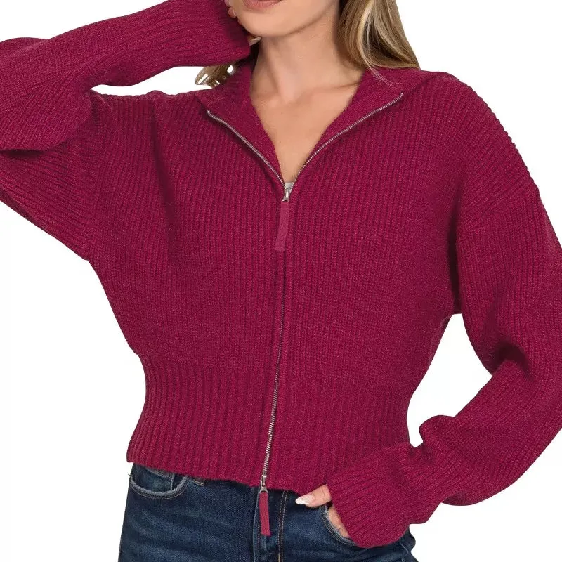 Modern Cropped Zip Up Ribbed Knit Cardigan