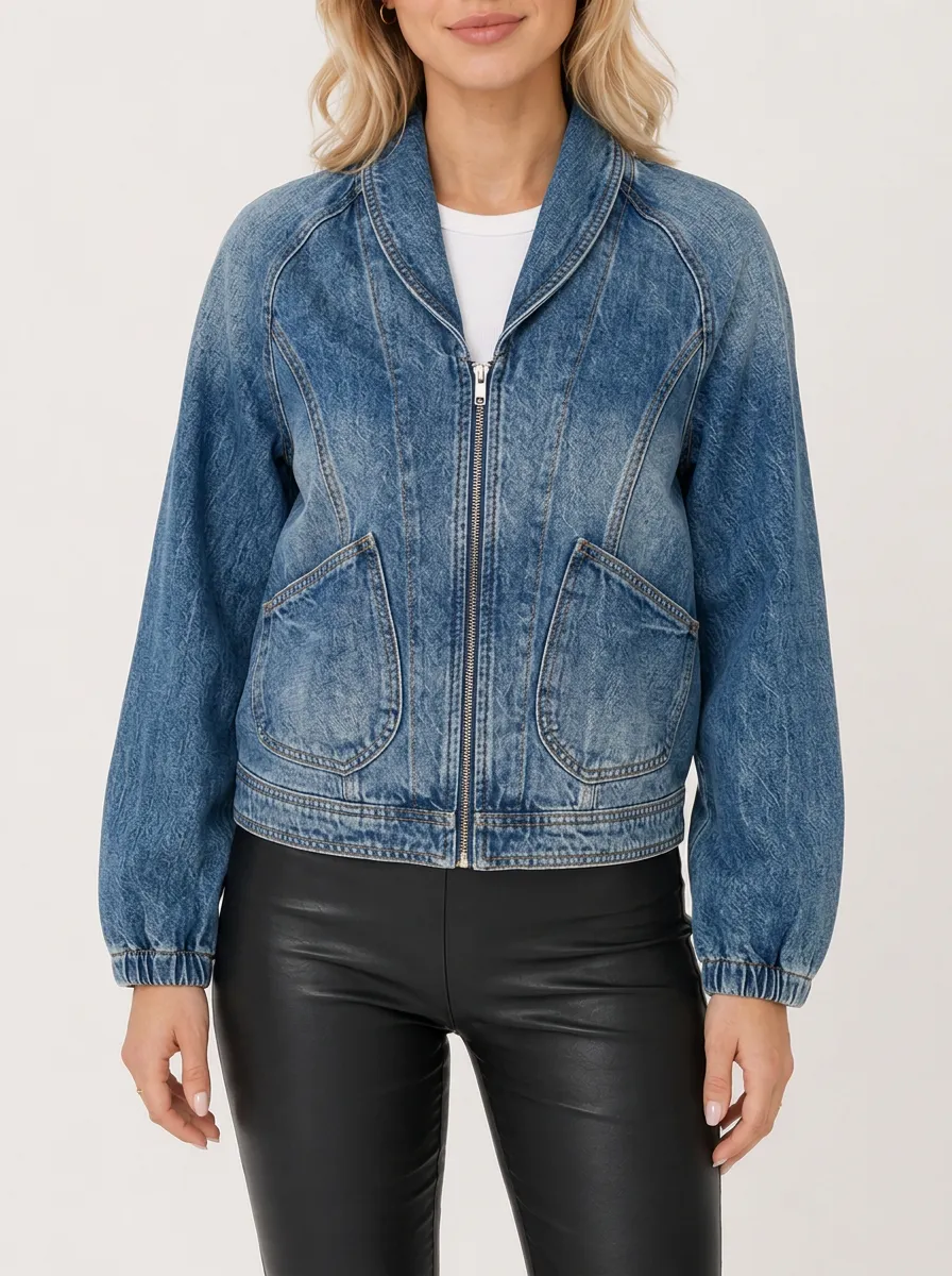 Women's Vintage Wash Shawl Collar Zip Up Denim Jacket
