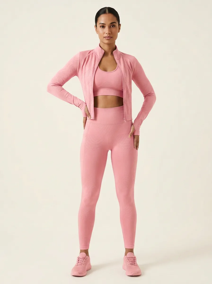 Performance-Inspired Textured Detail Seamless Design Detail Women's Three Piece Activewear Set