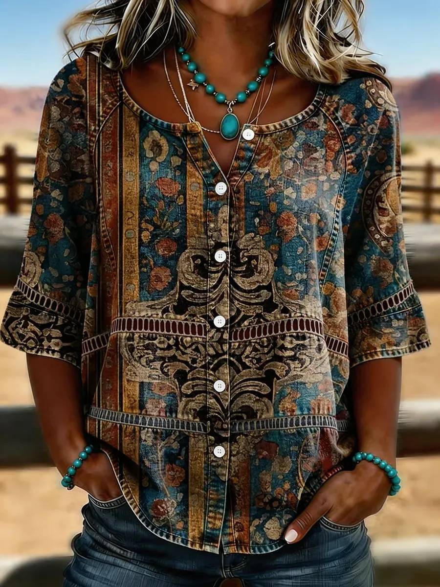 Women's Vintage Print Casual Hollow Denim Shirt