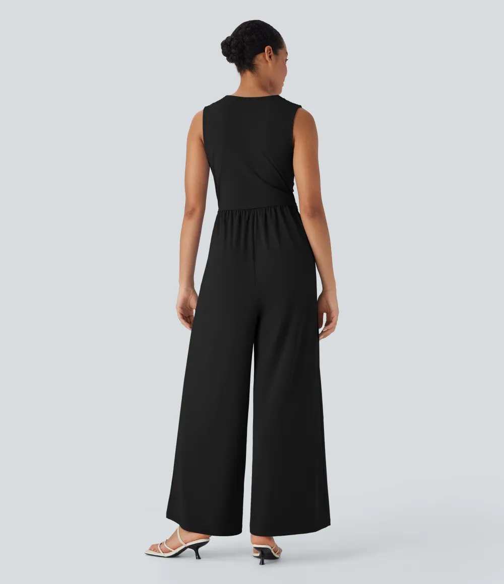 SoftlyZero Airy V Neck Sleeveless Ruched Pocket Cool Touch Casual Jumpsuit-Easy Peezy
