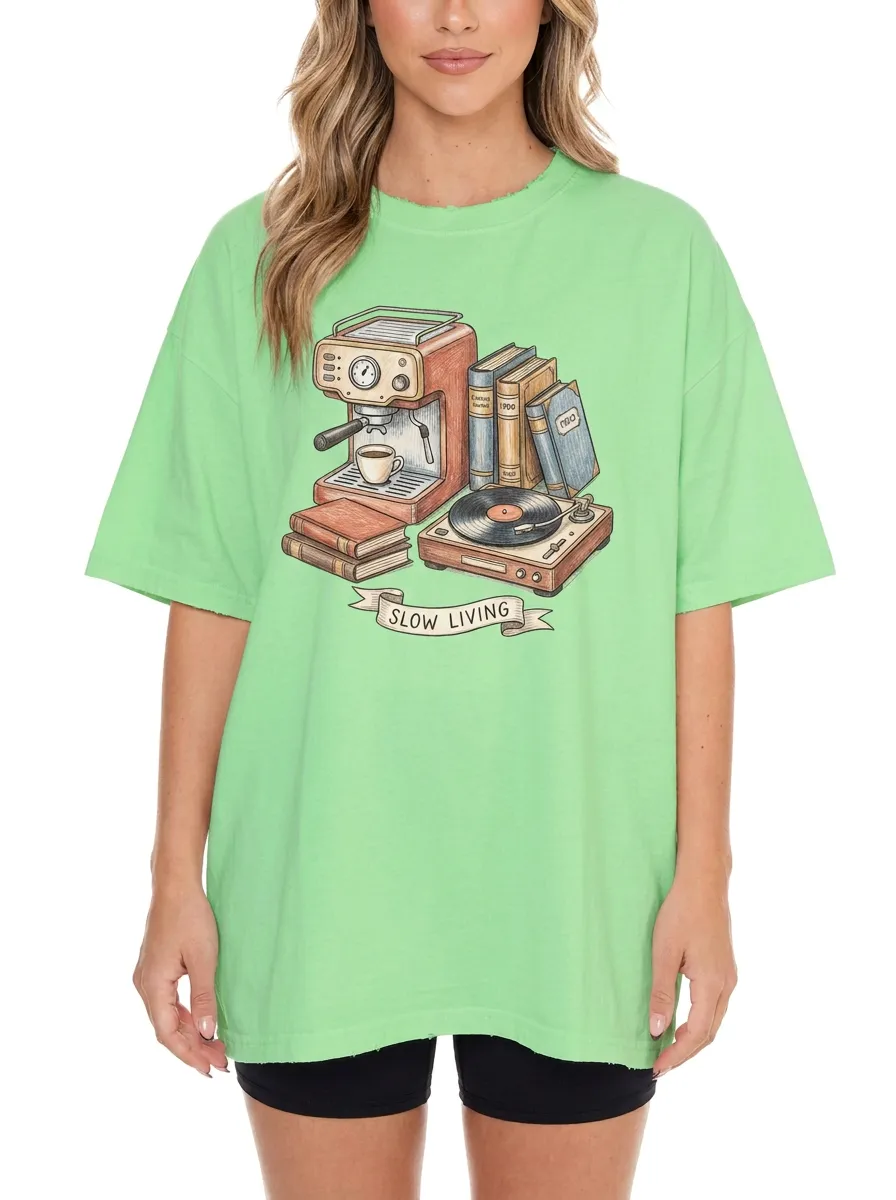 Women's Slow Living Coffee Books Vinyl Record Printed T-Shirt