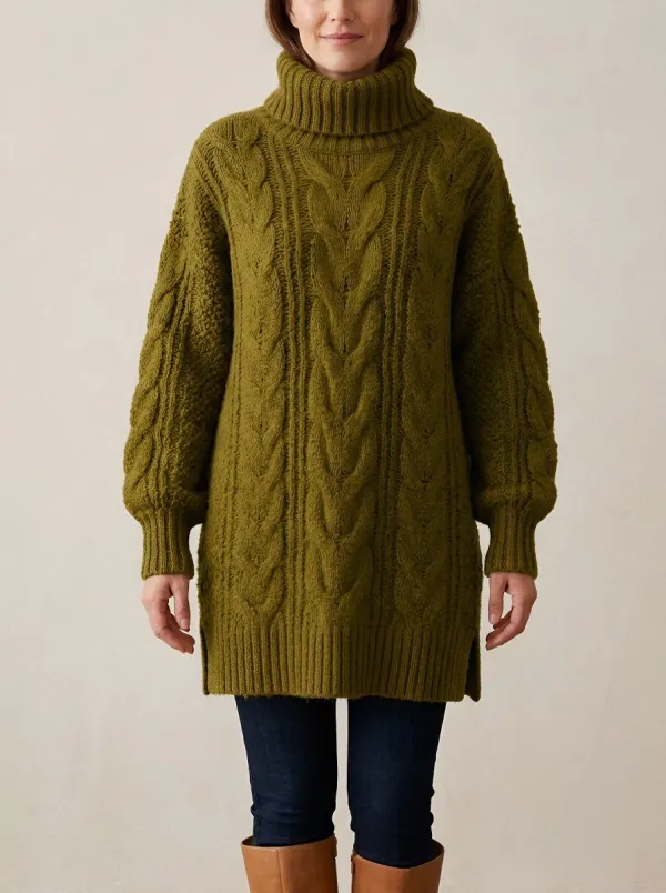 Women's Brown Cable Knit Patterned Turtleneck Sweater