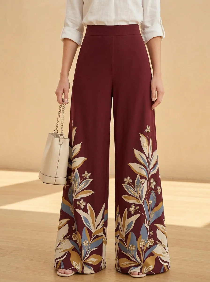 Women's Botanical Floral Leaf Patterned High-Waist Wide-Leg Pants