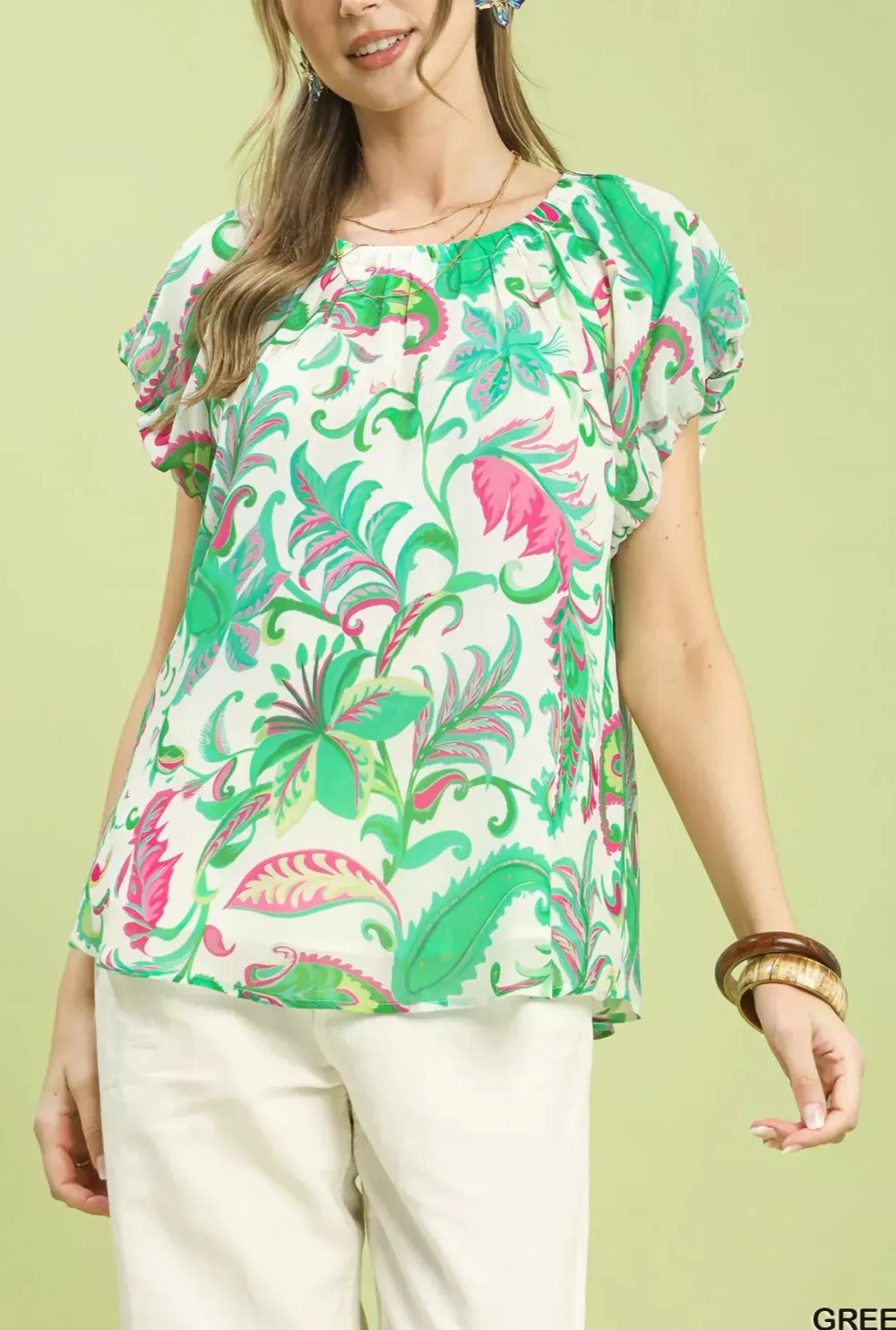 Tropical Paisley Print Puff Sleeve Blouse