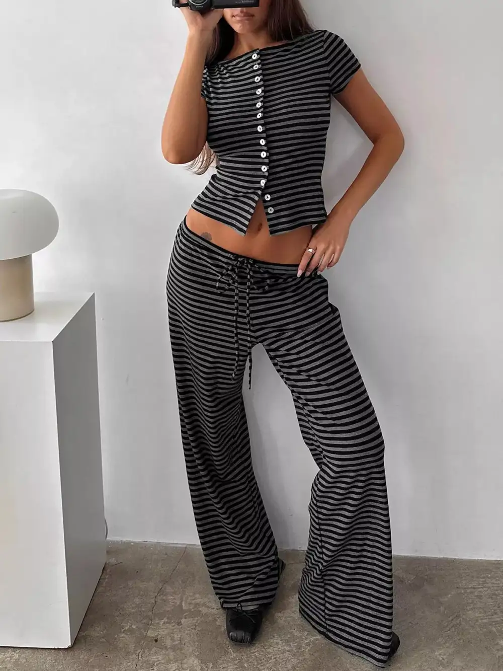 Striped Button Down Top and Wide Leg Pants Set