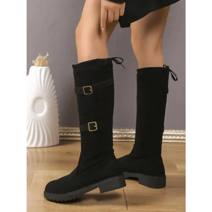 Suede Knee High Combat Boots with Double Buckle Straps