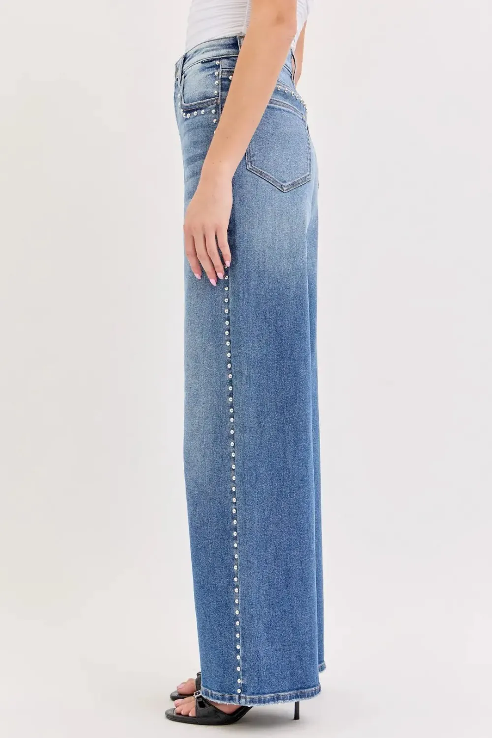 Studded High Rise Wide Leg Jeans